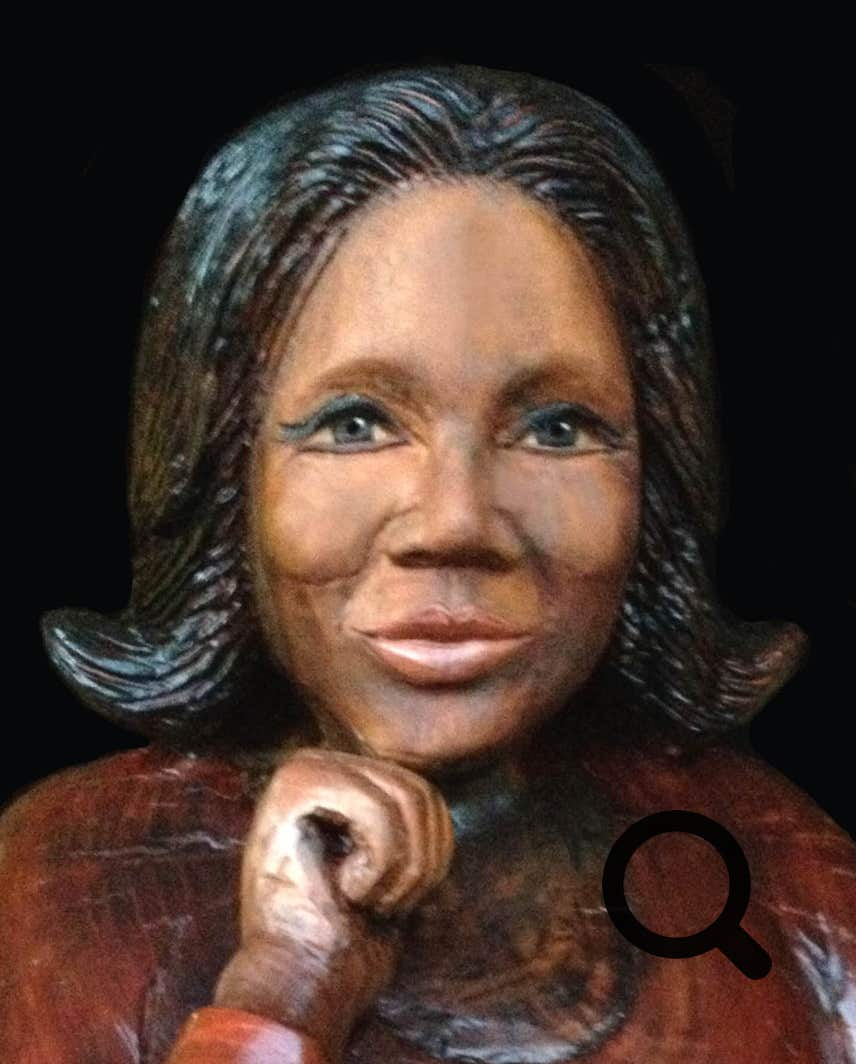 Detail photo of life size wood carving sculpture of Oprah Winfrey, art, likeness